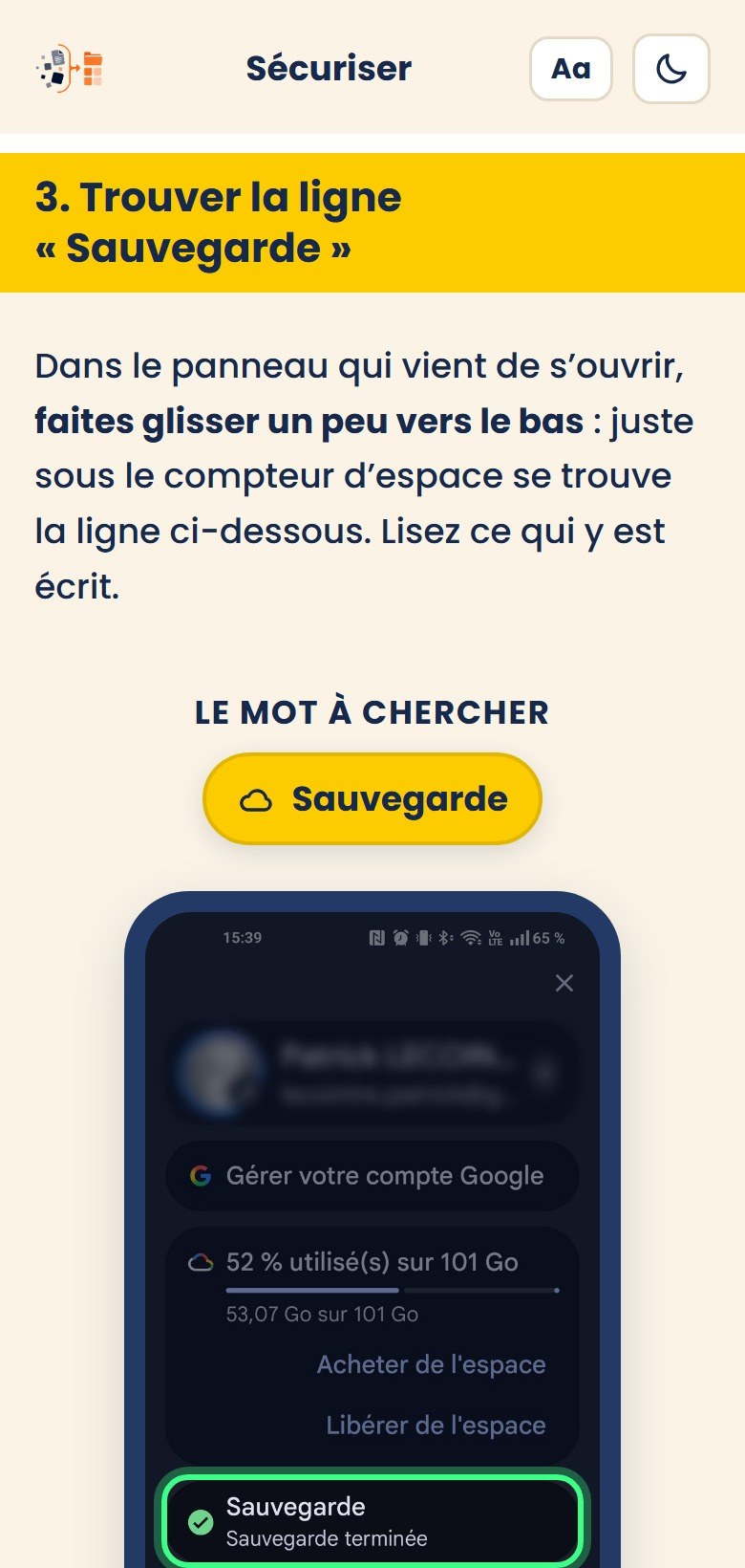 Un écran de la méthode : trouver la ligne Sauvegarde, le cercle la montre sur la photo de l’écran