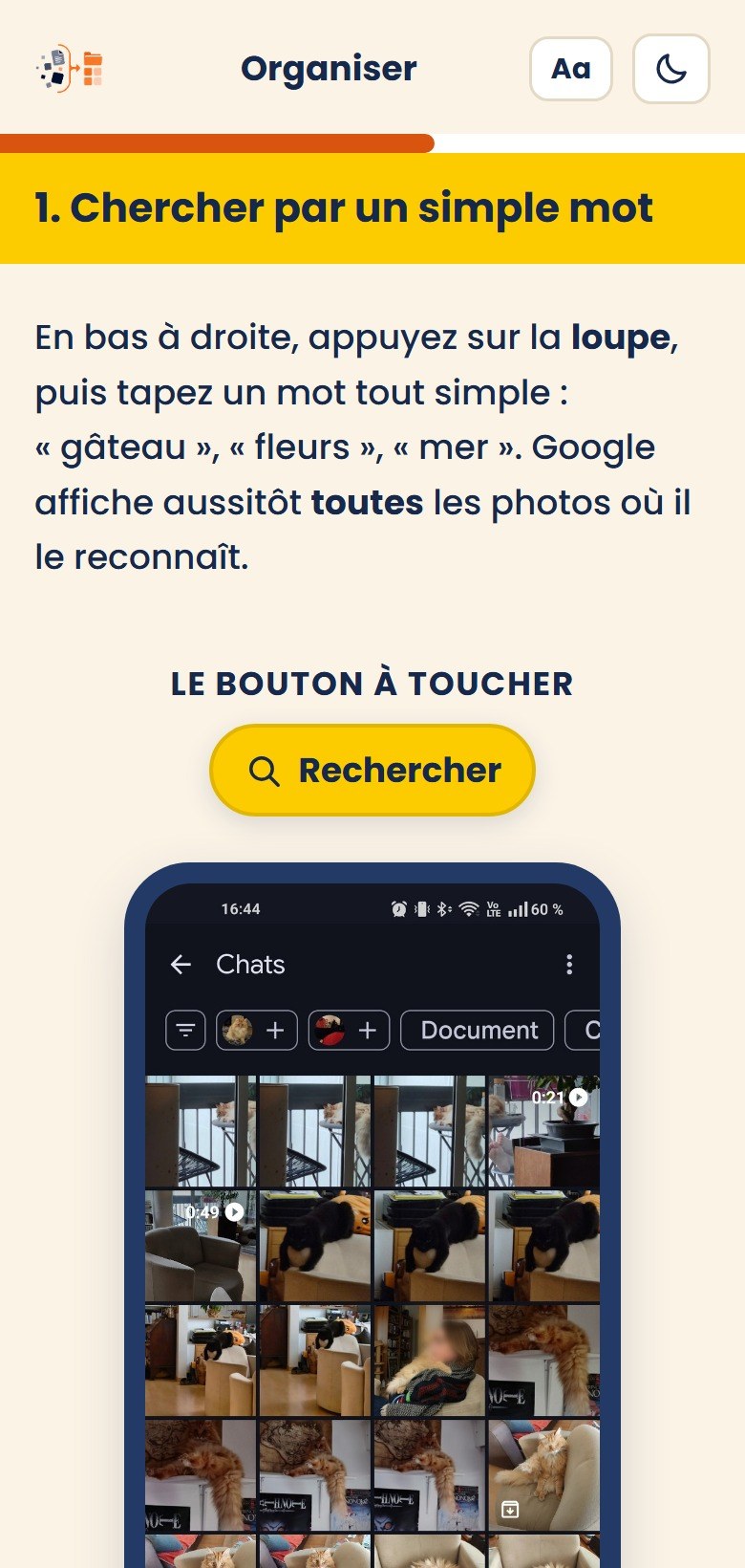 Un écran de la méthode : chercher par un simple mot, toutes les photos de chats s’affichent