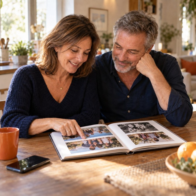Un couple feuillette un livre photo à la table de la cuisine, le téléphone posé à côté