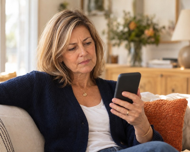 Une femme assise sur son canapé fait défiler les photos de son téléphone sans trouver celle qu’elle cherche