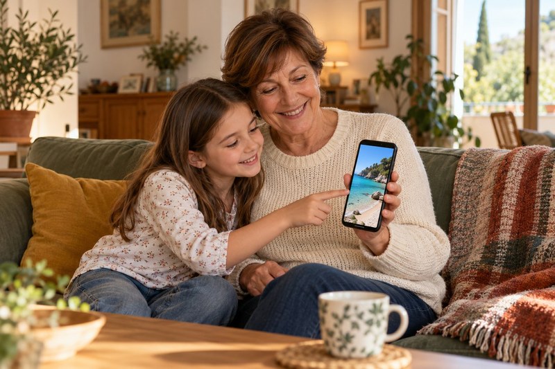 Une grand-mère et sa petite-fille, sur le canapé, regardent une photo de plage sur le téléphone